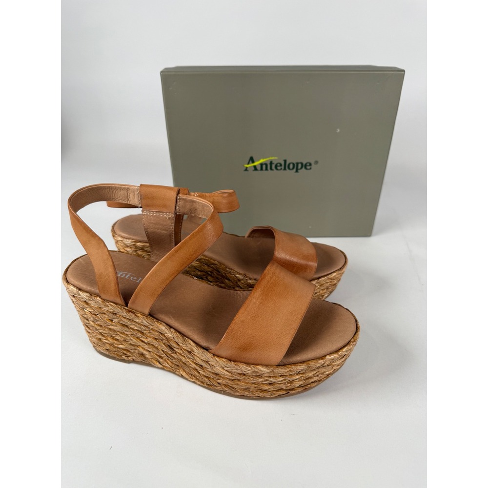 Antelope Kassa Espadrille Tan Leather Woven Jute Platform Wedge Sandals Size 40